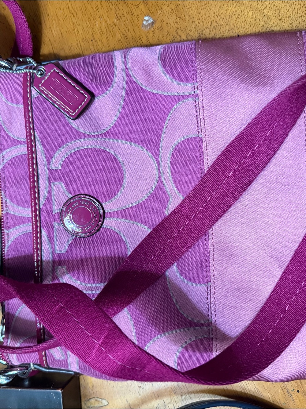 Coach Pink Signature Tote with Fuchsia Strap